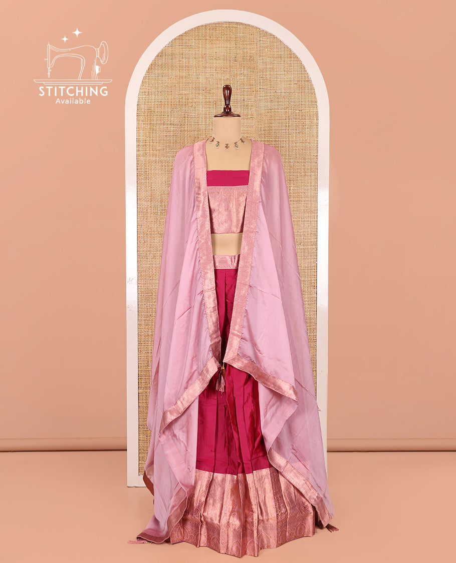 Rani Pink Semi-Banaras Half-Saree, Plain Contrast Intricate-Bordered Skirt, Matching Blouse, Contrast Dhavani