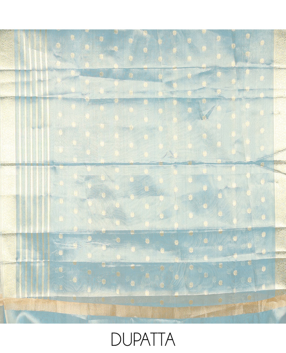 Chikku-Sea Blue Shimmer Tissue Material Churidar, Elevated with Bead Neck Embroidered Top, a Contrast Bottom, and a Sparsely Woven Dupatta