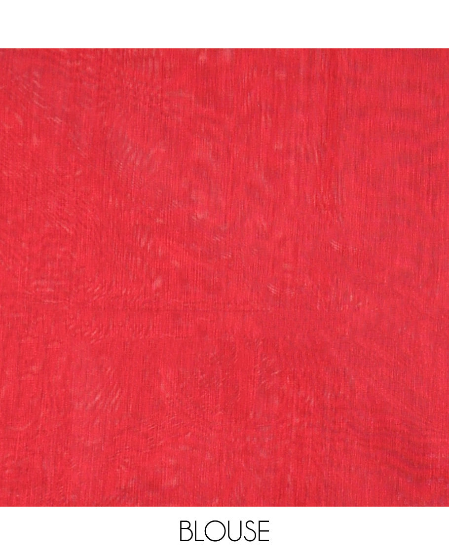 Red Semi-Silk Cotton Saree, Adorned with Zari Buttas All Over Its Body, a Subtle Border of Floral Designs, Grand Jaal Pallu, and Paired with a Matching Blouse