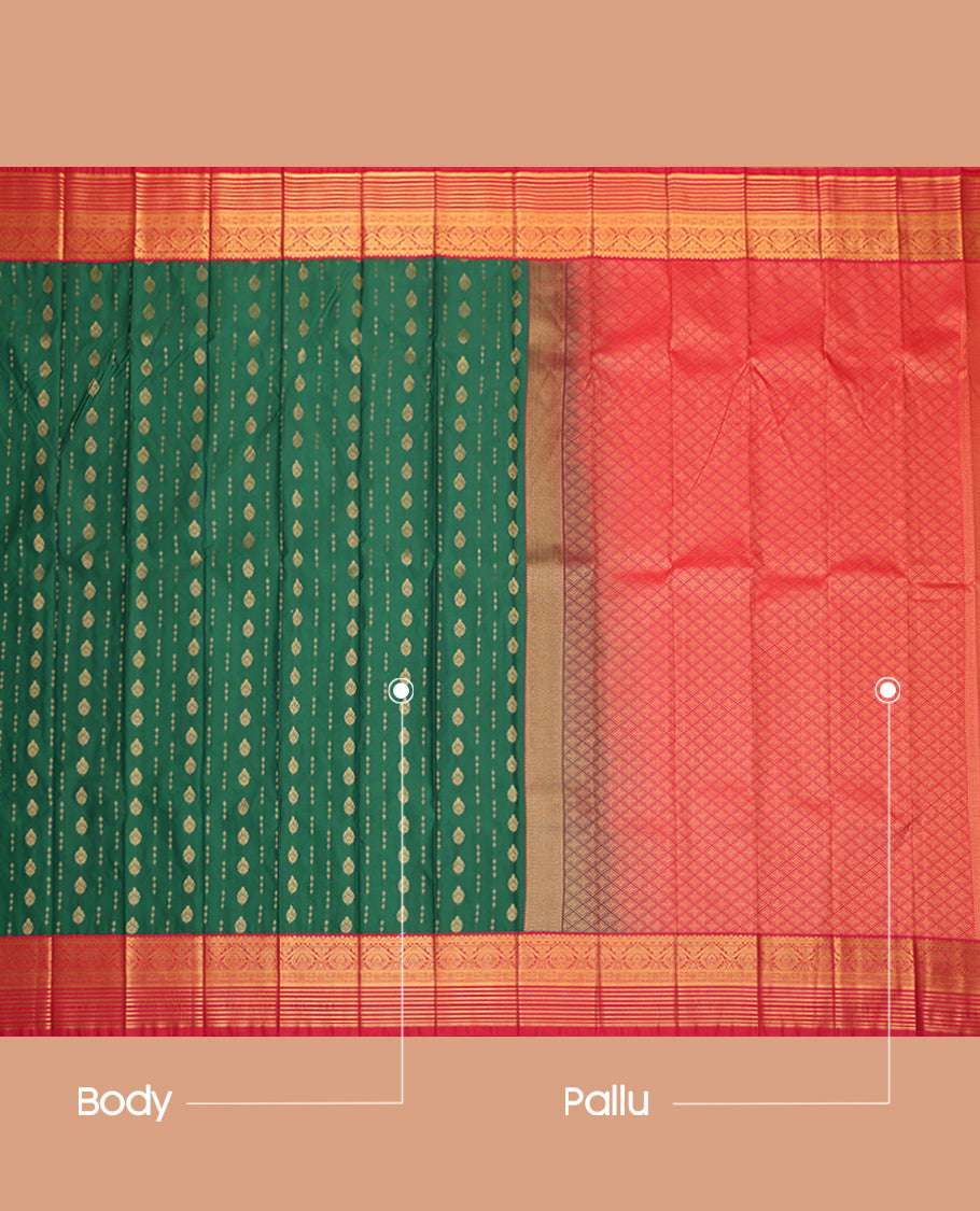 Green Budget Silk Saree, Graced with Zari Buttas, a Contrast Traditional Zari Border, Grand Jaal Pallu, and a Contrast Blouse