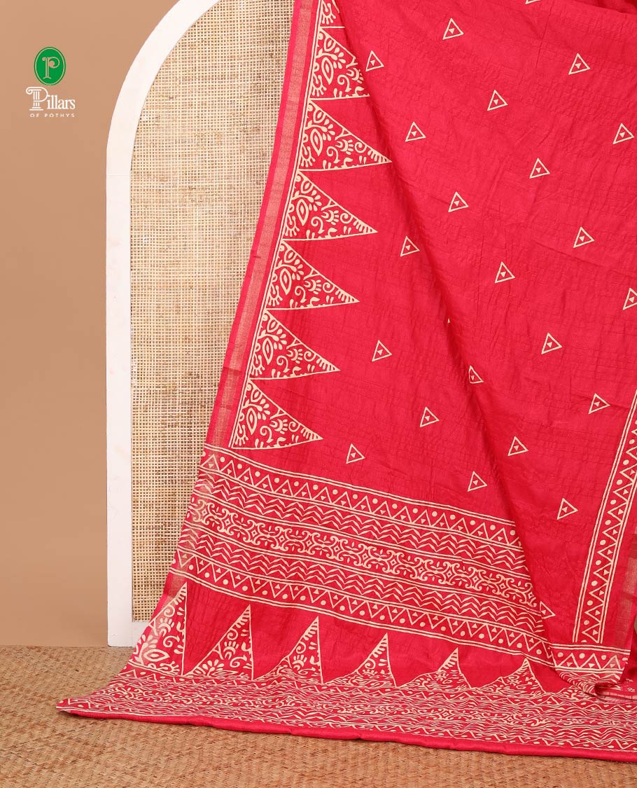 Rani pink batik-style triangle motifs printed dola silk saree, batik temple motif printed piping zari border & batik geometric printed pallu