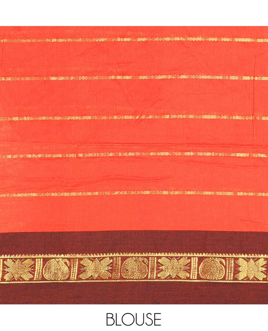 Rust Khadi Mul Cotton Saree, Adorned with Veldhari Stripes, Complemented by a Contrast Traditional Zari Border, Striped Pallu, and No Blouse