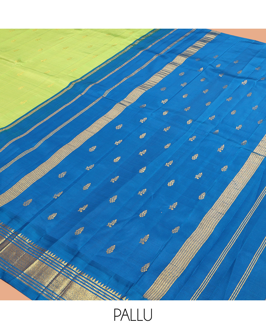 Green Kanchipuram Silk Saree, Subtly Woven with Zari Buttas, a Contrast Korvai One-Sided Border of Rekku, Banaras, Muthu, and Mayil Kann Design, Zari Design Pallu, and No Blouse
