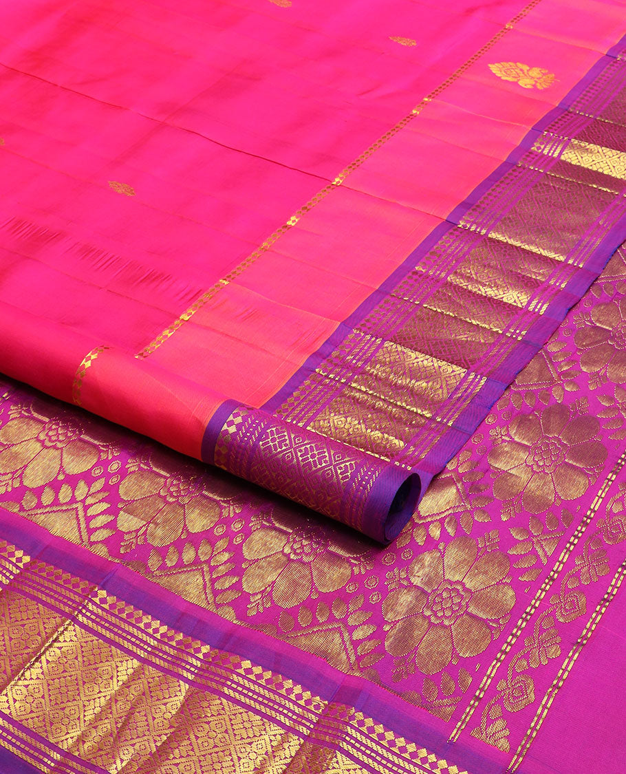 Pink buttas kancheepuram silk saree with contrast border of thilakam mokku, banaras, checked design & floral design pallu