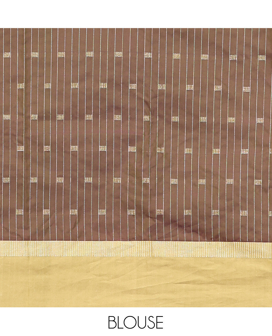 Green-Brown Arani Saree, Decorated with Zari Buttas and Stripes, a Contrast Zari Border, Pallu of Zari Designs, and a Matching Blouse