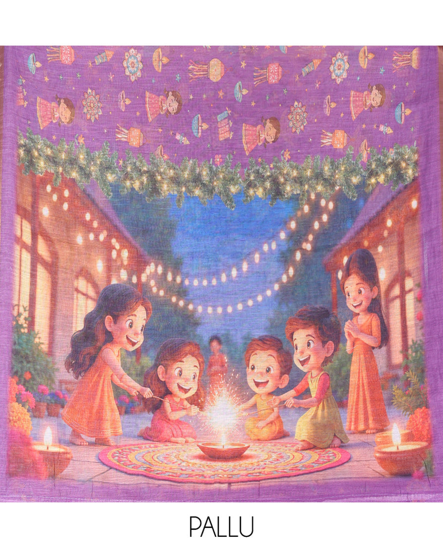 Violet Diwali-Style Printed Linen Cotton Saree