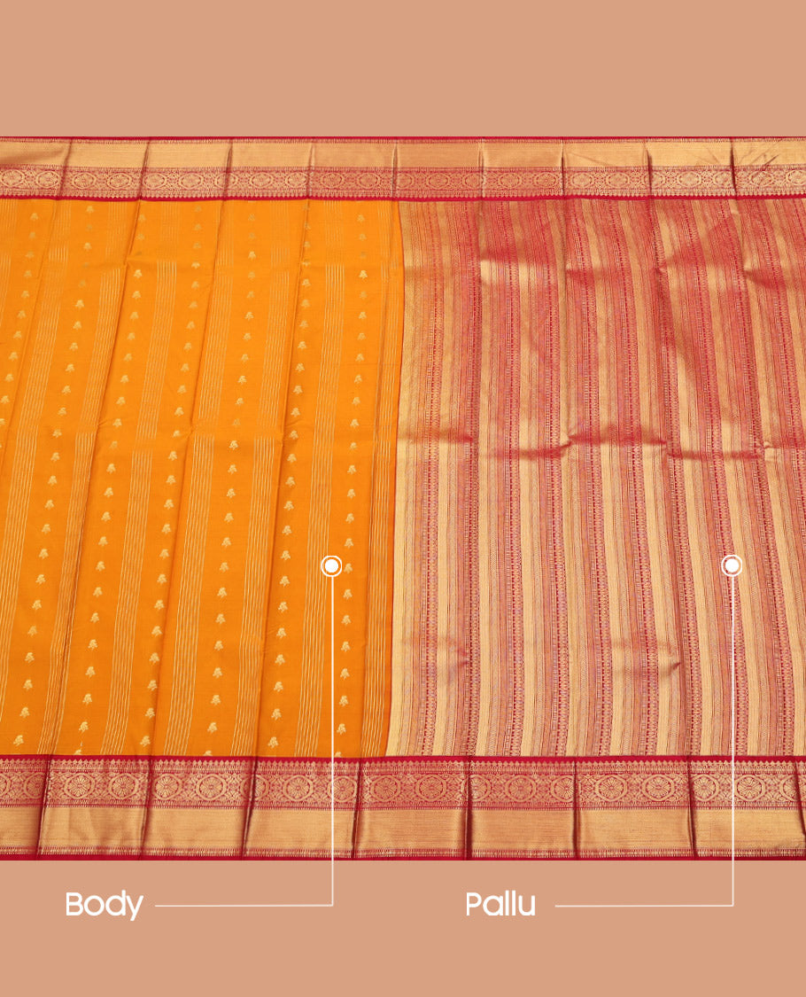 Yellow Budget Silk Saree, Subtly Sparkled with Buttas and Stripes on Its Body, Complemented by a Contrast Traditional Zari Design Border, Geometric-Patterned Pallu, and Paired with a Contrast Blouse