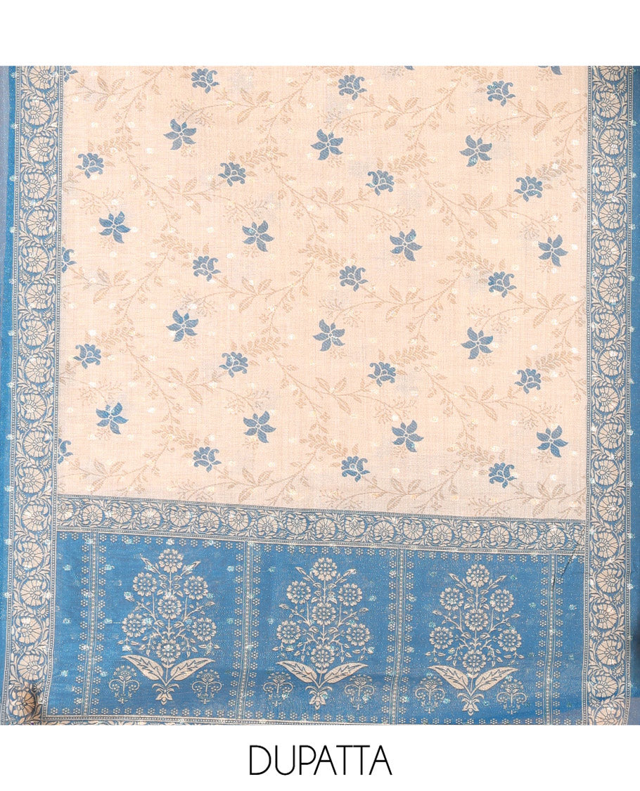 Rama Blue Chanderi Tissue Material Chudiddar, Buttas Neckwork Top, Plain Bottom, Contrast Floral Dupatta