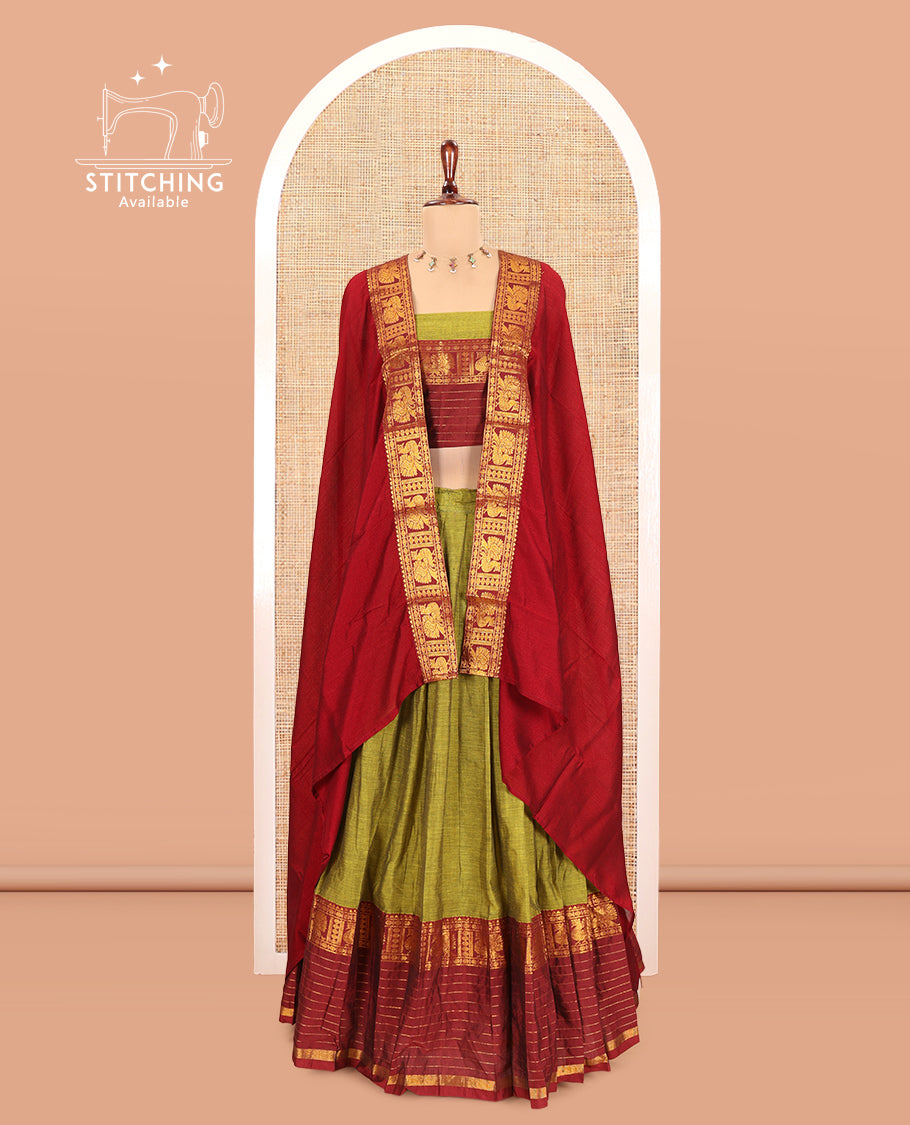 Mehendi-Maroon Mercerised Cotton Half-Saree, Contrast Annam Bordered Skirt,Matching Blouse,Contrast Dhavani