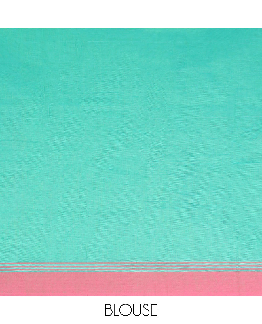 Sea green floral motifs kanchi cotton saree with contrast plain norder & floral design pallu