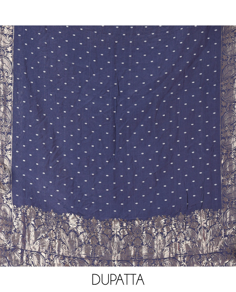 Blue Mul Chanderi Material Chudidar Set, Subtly Printed with Bandhani-Style Printed Top, a Plain Santoon Bottom, and Paired with a Matching Mul Chanderi Bandhani-Dotted and Zari-Woven Dupatta