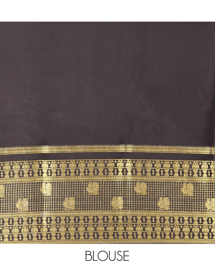 Red Mysore Silk Saree Features Checked Pattern, Contrast Traditional Zari Border, Rich Pallu, and a Contrast Blouse