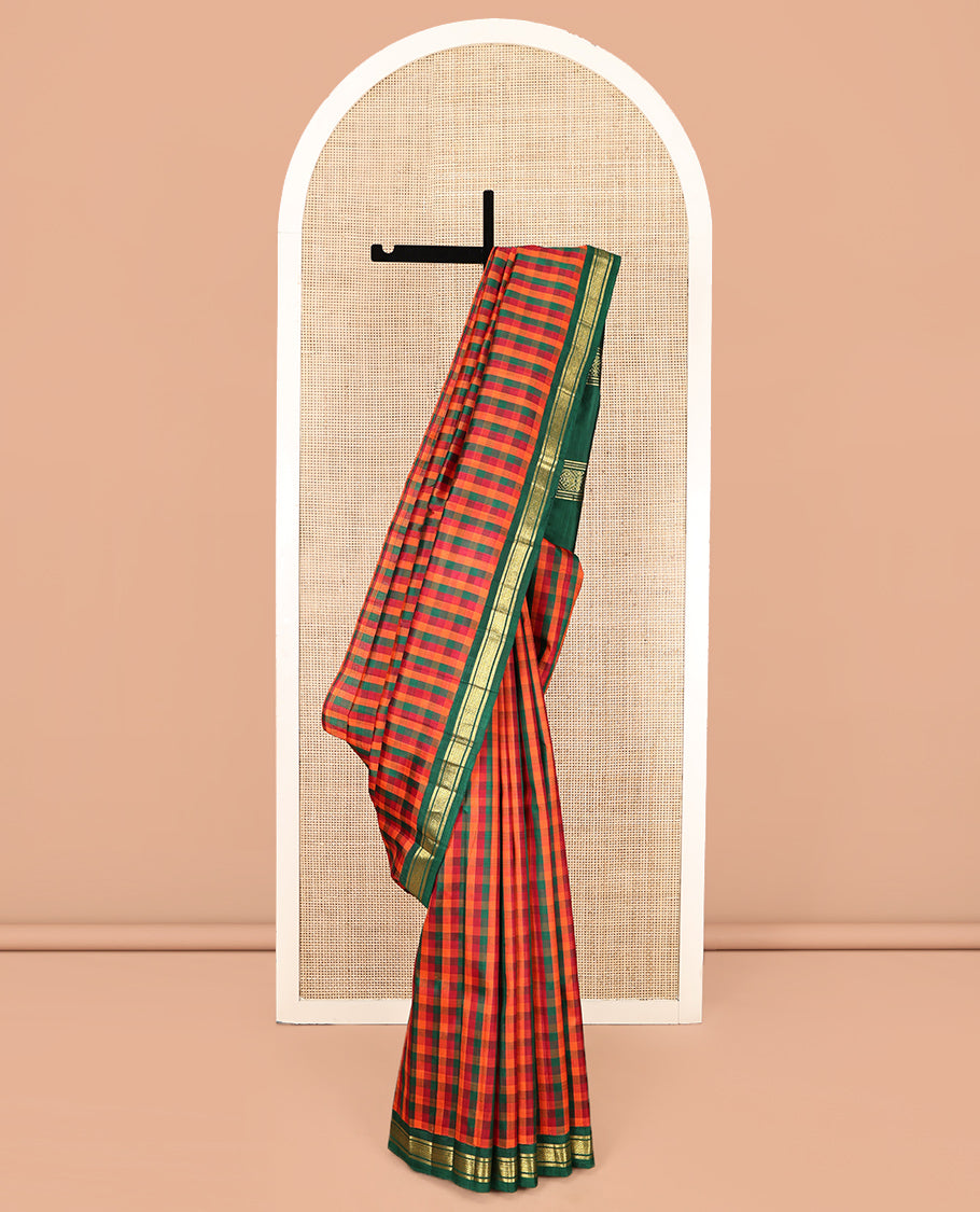 Multi-Color Kanchipuram Silk Saree, Enthralled with Palum Pazhamum Checks, Complemented by a Contrast One-Sided Korvai Border of Banaras and Jaal Designs, Grand Pallu, and No Blouse