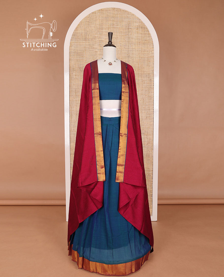 Blue mercerised cotton daman zari border half saree with cotton blouse & georgette one side zari border