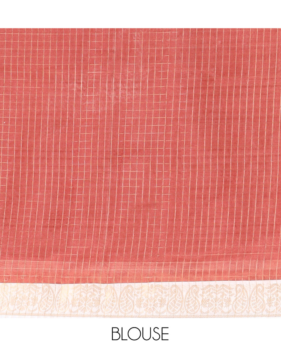 Cream Semi-Tussar Saree Features Checks and Elephant Print, a Paisley Zari Border, and a Contrast Blouse