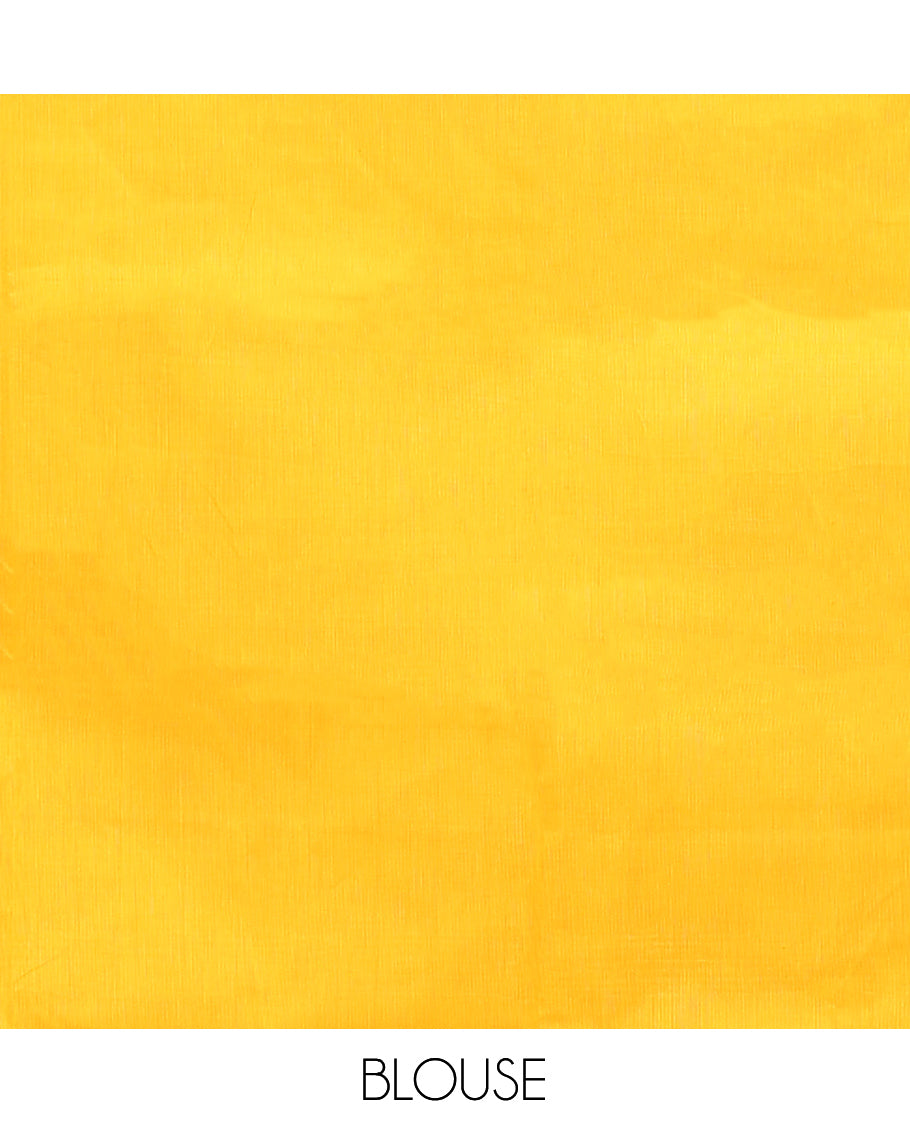 Yellow Plain Chettinad Cotton Saree, Complemented by a Contrast Traditional Zari Design Woven Temple Border, Sparsely Striped Pallu, and Paired with a Matching Blouse