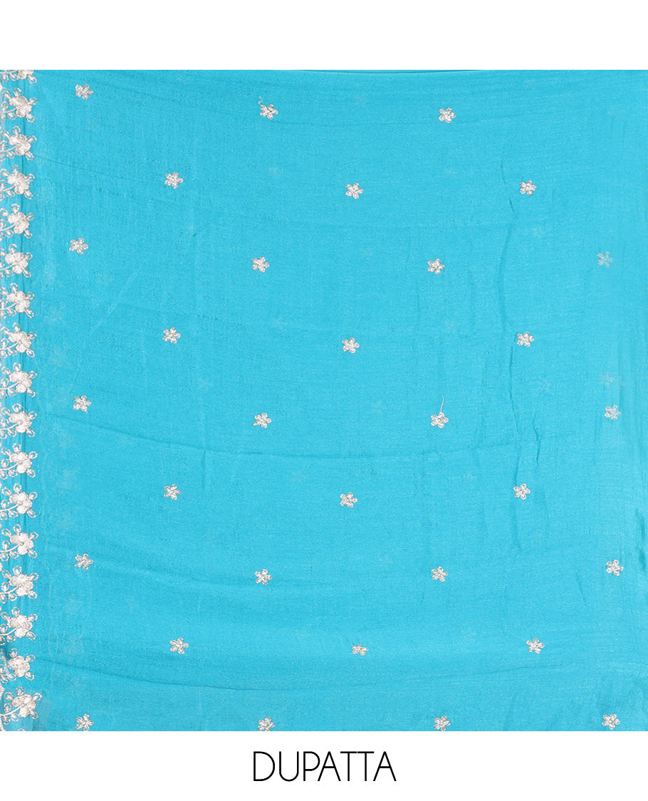 Rama Blue Semi-Silk Material Churidar Features a Floral Embroidered Top, a Matching Bottom, Embroidered Dupatta