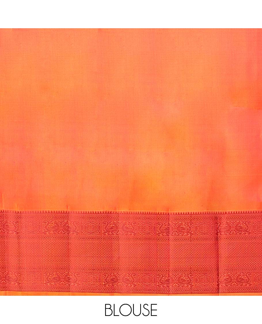 Orange buttas kancheepuram silk saree with contrast border of rekku, kathir,poo chakram, mayil, ara maadam design & zari design pallu