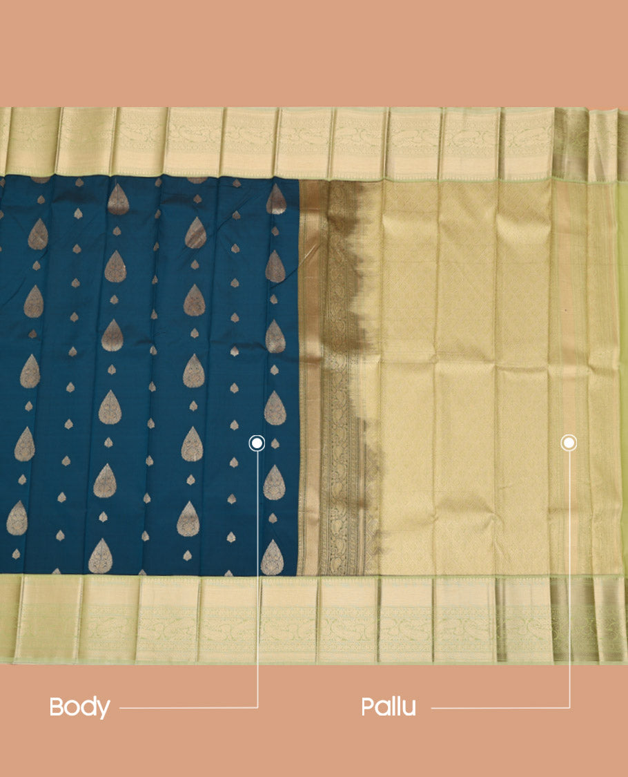 Blue Budget Silk Saree, Elevated with Zari Buttas All Over Its Body, Complemented by a Contrast Traditional Zari Border of Paisley Designs, Sparsely Sparkled Pallu, and Paired with a Contrast Blouse