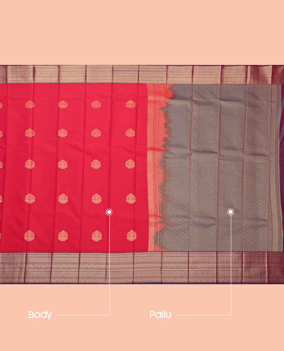 Red Budget Silk Saree, Detailed with Zari Buttas, Complemented by a Contrast Traditional Zari Border, Jaal Pallu, and Contrast Blouse