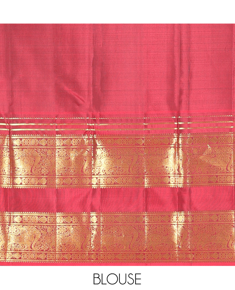 Green Kanchipuram Silk Saree, Adorned with Zari Buttas, Complemented by a Contrast Rettai Pettu Border of Rekku, Meen, and Yaali, Grand Jaal Pallu, and Contrast Blouse