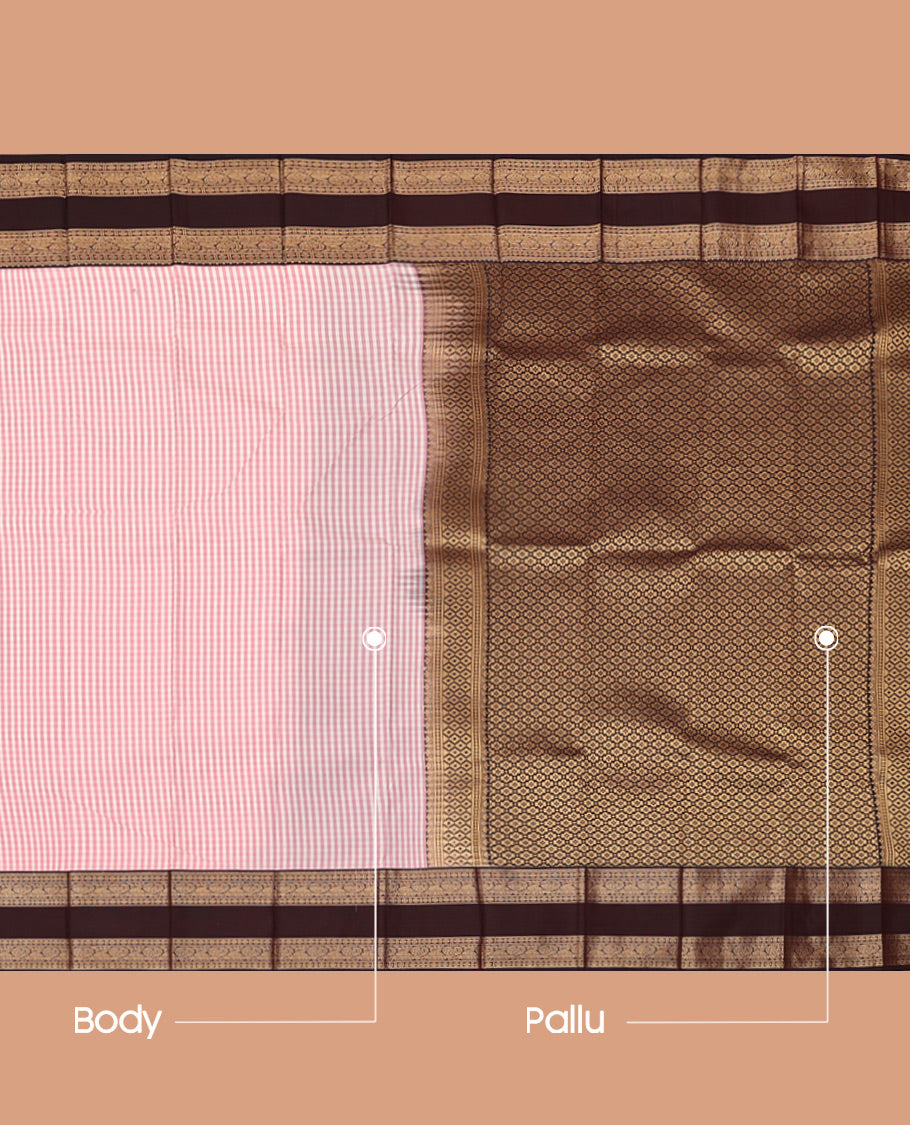 Off-White-Pink Checked Budget SilkSaree, Contrast Rettai Pettu Border, Contrast Blouse