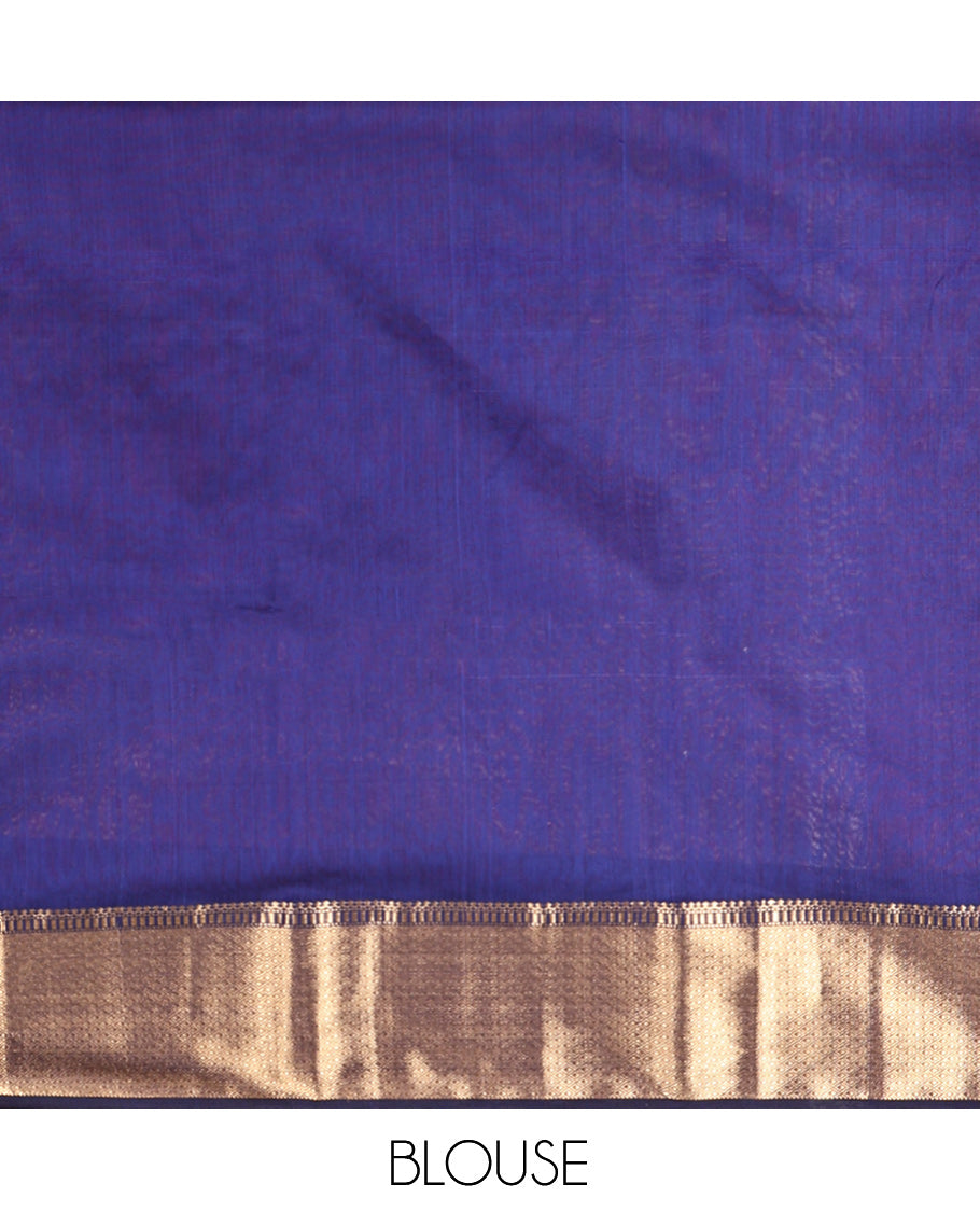 Red Maheshwari Cotton Saree, Subtly Woven with Thread Buttas, Complemented by a Contrast Traditional Zari Border, Chevron Striped Pallu, and a Contrast Blouse