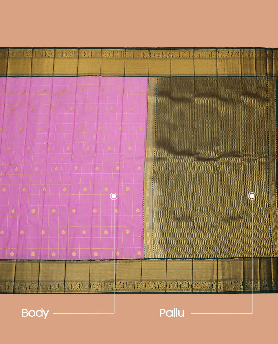 Pink Budget Silk Saree, Masterfully Woven with Zari Butta Enclosed Checks on Its Body, Complemented by a Contrast Traditional Zari Design Border, Jaal Pallu, and Paired with a Contrast Blouse