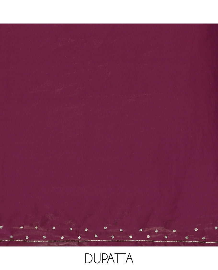 Dark wine color antique jewellery design velevet organza chudidhar material top with american crepe material pant & one side hand work dupatta