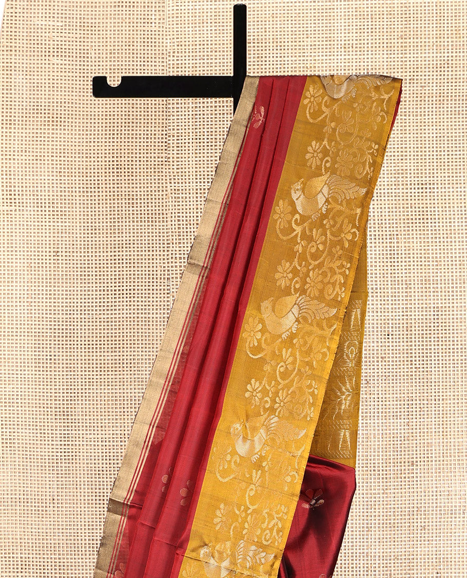 Red Mayuri Lite Silk Mix Saree, Adorned with Floral Buttas, Complemented by a Contrast Floral Border, Pallu of Bird Designs, and a Contrast Blouse