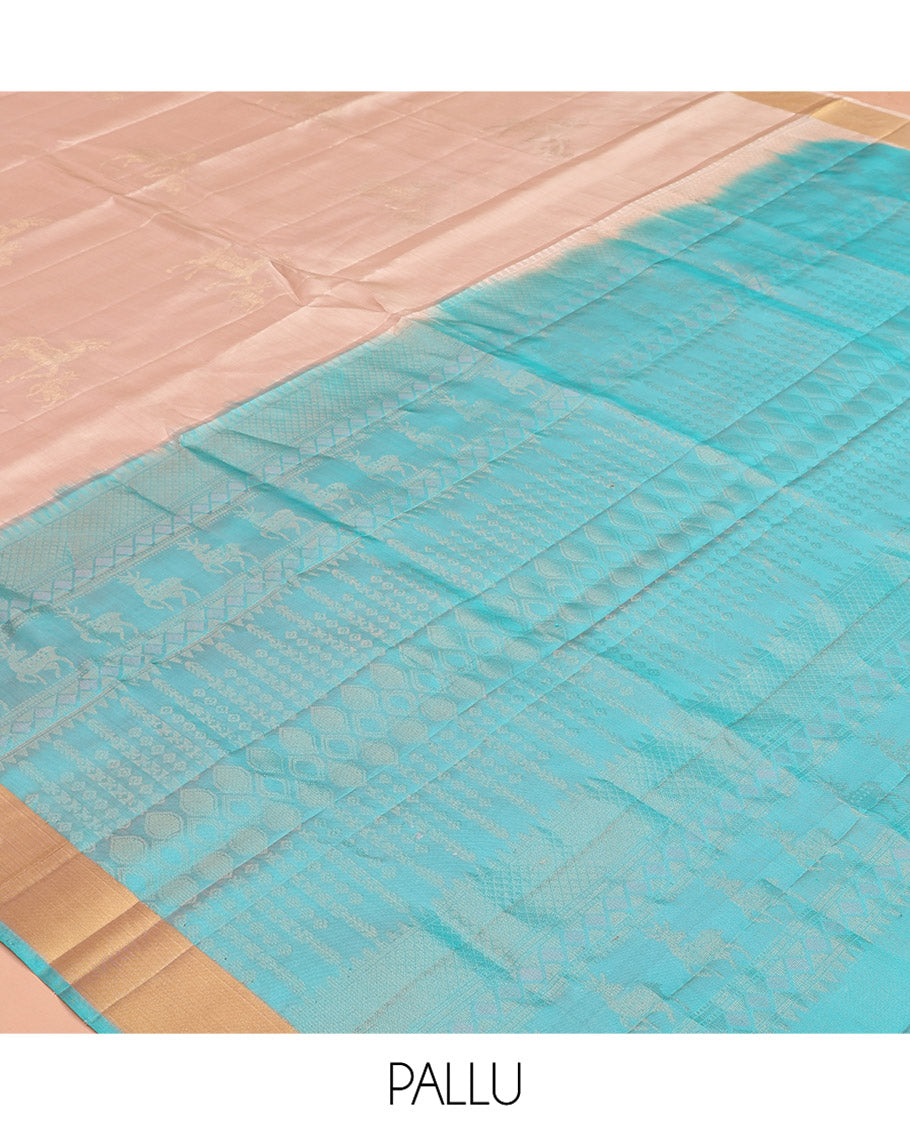 Pink Mayuri Soft Silk Saree, Sparsely Woven with Deer Buttas All Over the Body, Highlighted by Zari Bavanji Border, Complemented by Contrast Intricately Designed Pallu, and Paired with a Contrast Blouse
