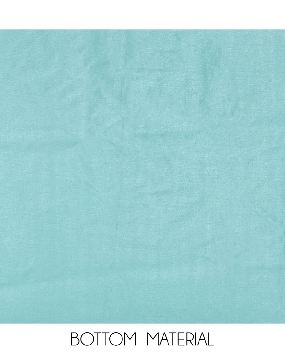 Chikku-Sea Blue Shimmer Tissue Material Churidar, Elevated with Bead Neck Embroidered Top, a Contrast Bottom, and a Sparsely Woven Dupatta