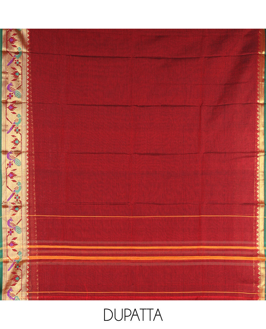 Maroon Mercerised Cotton Material Chudidar Features Plain Top, Contrast Paithani Zari Border, a Plain Bottom and a Matching Dupatta