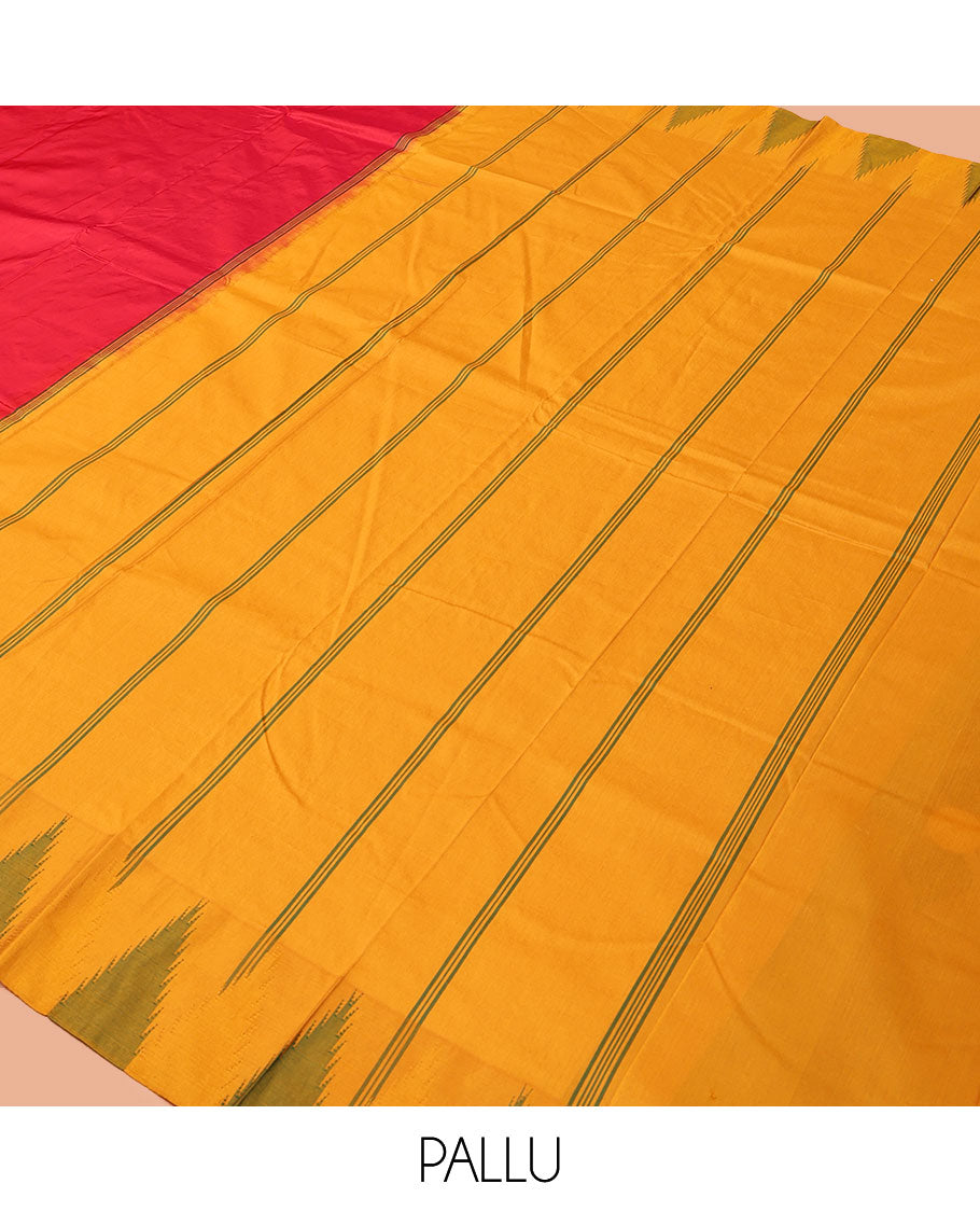 Red Plain Bangalore Silk Saree, Complemented by a Contrast Temple Border, Pallu of Stripes, and a Contrast Blouse