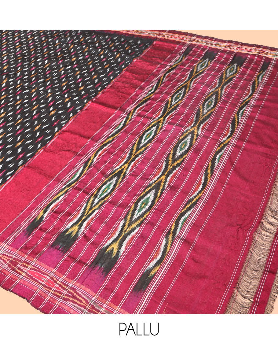 Black Pochampally Ikat Silk Saree, Steeped with Ikat Buttas, Complemented by a Contrast Ikat Border, Ikat Woven Pallu, and No Blouse