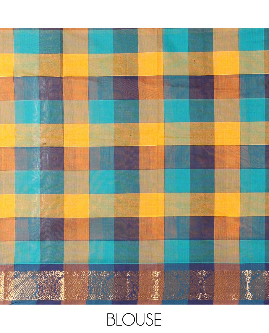 Multi-Color Checked Chettinad Cotton Half-Saree Features a Zari Border, Matching Blouse, Contrast Dhavani