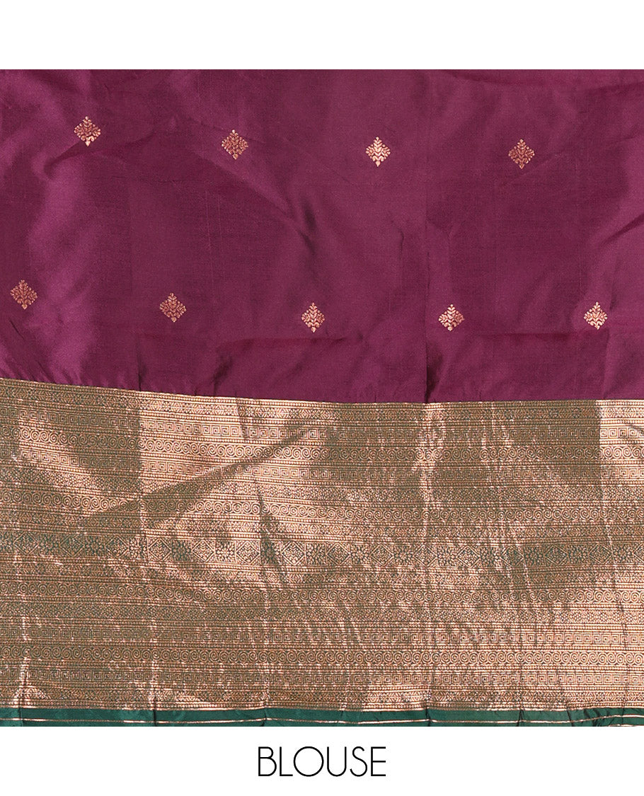 Dark violet taffeta silk half-saree, zari buttas and contrast traditional zari bordered skirt, a matching blouse, and contrast embroidered buttas dhavani