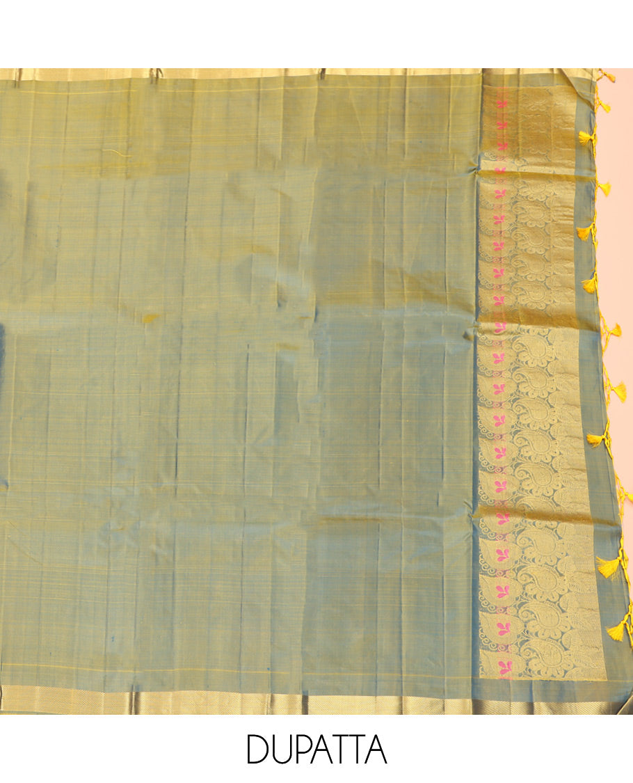 Blue Pure Silk Half-Saree, Adorned with Zari Designs on Its Body, Complemented by a Contrast Floral and Paisley Design Border, Complemented by a Contrast Blouse, and Paired with a Contrast Dhavani of Leaf-Paisley Designs