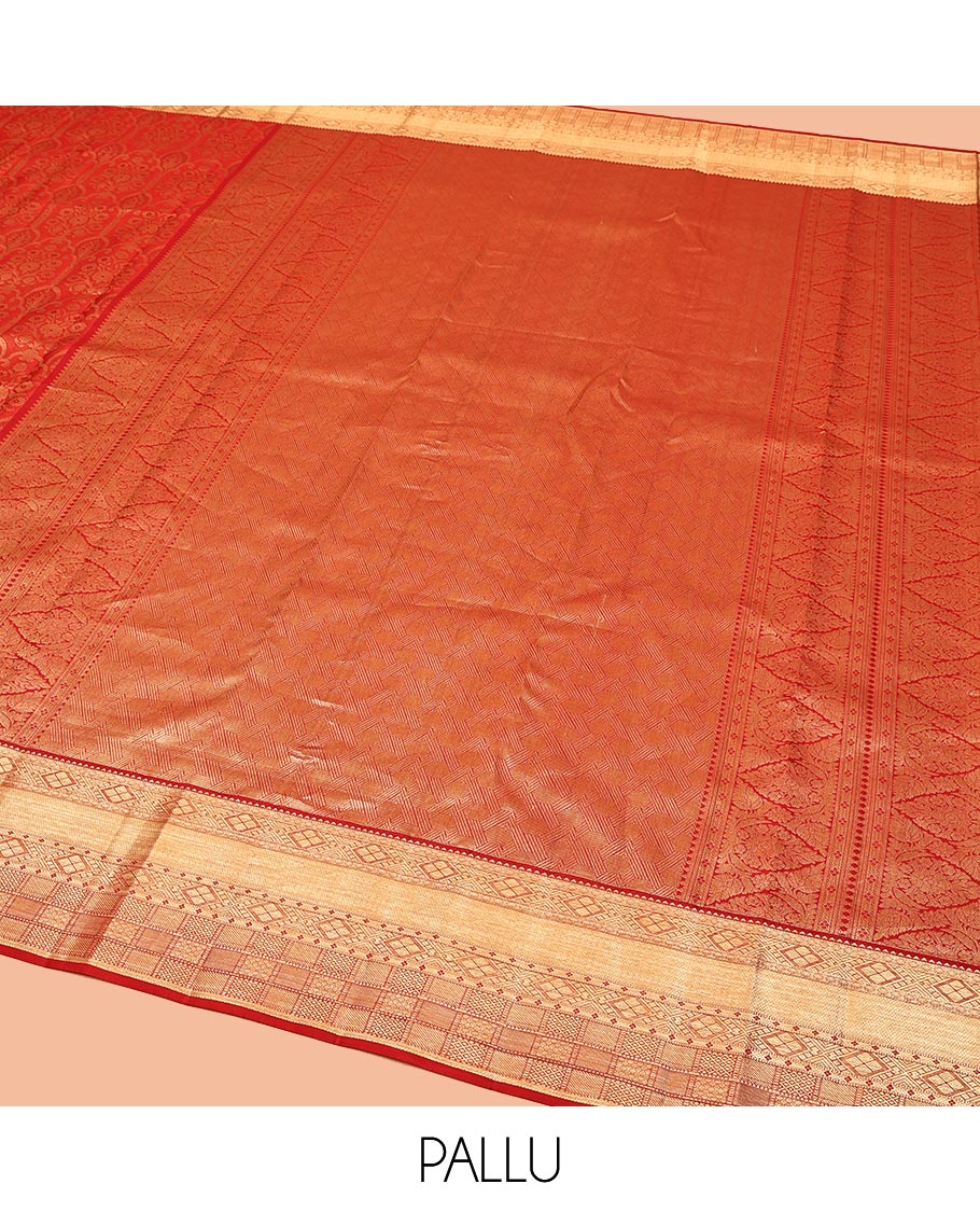 Red Kanchipuram Wedding Silk Saree, Enriched with Jacquard Designs on Its Body, Highlighted by Zari Border of Rekku, Diamond, and Mayil Kann Designs, Pallu of Intricate Designs, and Paired with a Matching Blouse