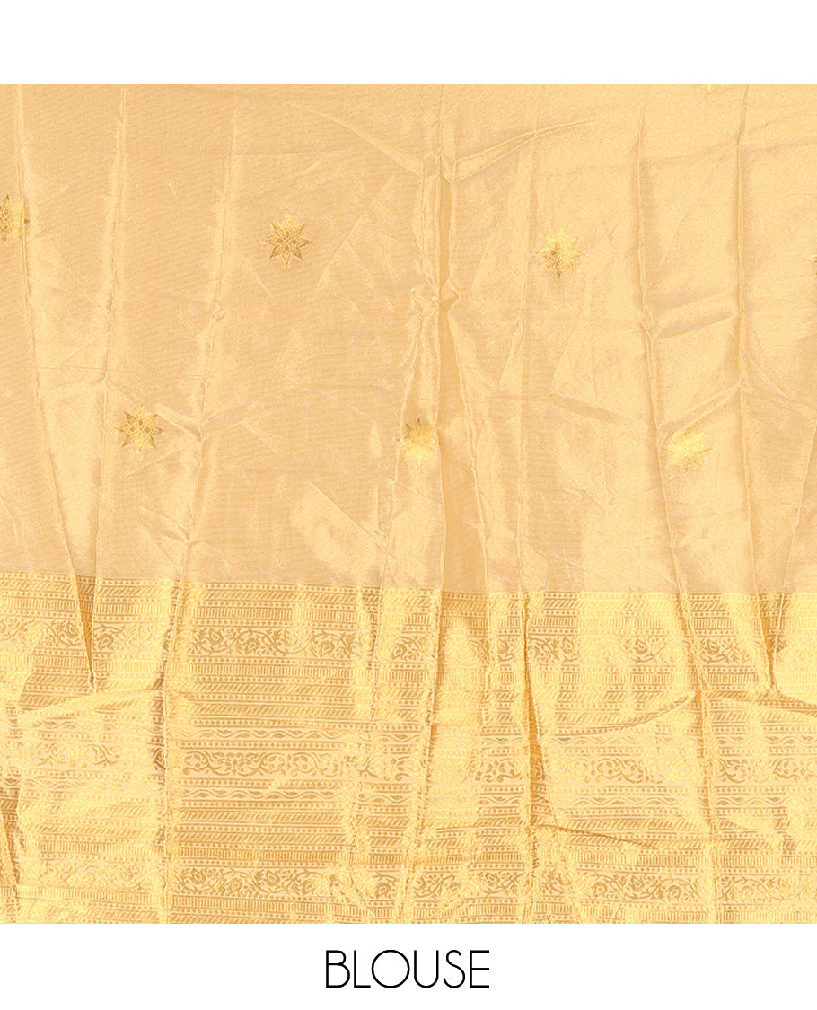 Gold Half-Saree Features Zari Buttas Banarasi Tissue Skirt, Traditional Zari Border, Matching Blouse, Zari Design Banarasi Silk Dhavani