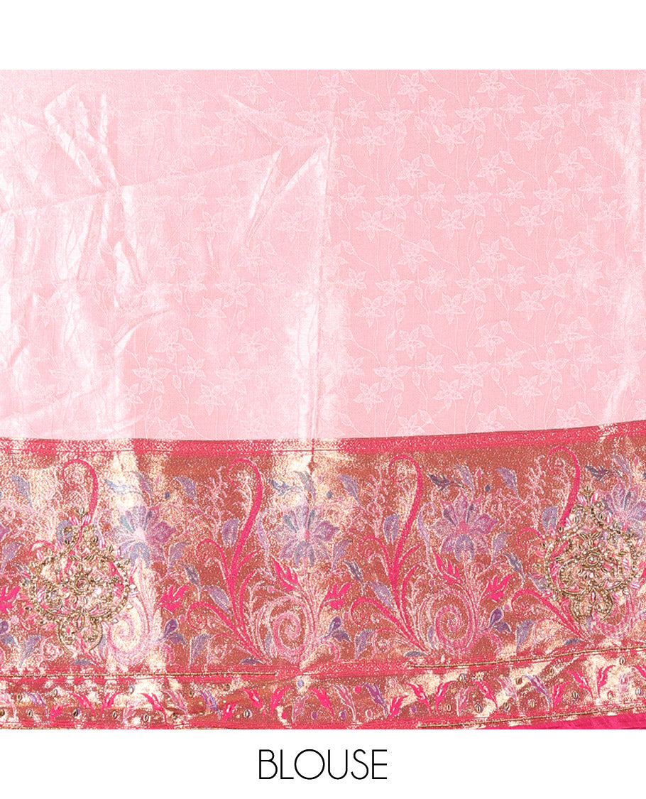 Onion Pink and Rani Pink Half-Saree Set, Subtly Sparkled with Floral Vine Design on Its Banarasi Skirt, Complemented by Contrast Meenakari Floral Design with Embroidered Border, Matching Blouse, and Paired with a Banaras Dupatta