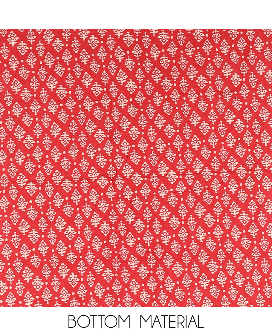 Black-Red Cotton Material Chudidar Features Batik-Printed Top, a Contrast-Printed Bottom, Batik-Printed Dupatta