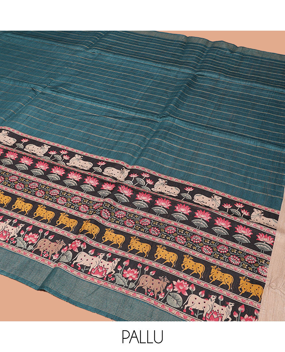 Blue Tussar Silk Saree, Sparsely Threaded with Stripes, Complemented by a Contrast Pichwai Cow-Lotus Print Border, Printed Pallu, and a Contrast Blouse
