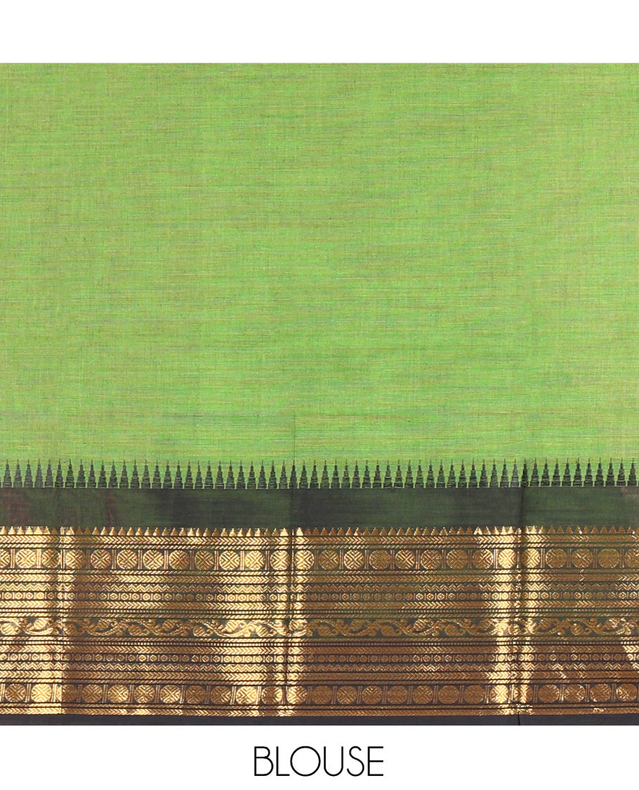 Leaf Green-Black Chettinad Cotton Half-Saree, Plain Contrast Traditional Zari-Bordered Skirt, Matching Blouse, and a Contrast Dhavani