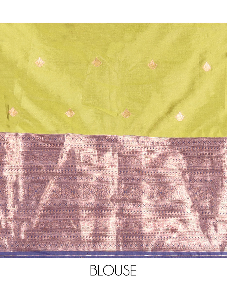 Green and Navy Blue Semi-Banarasi Half-Saree, Ornamented with Zari Buttas on Its Skirt, Complemented by a Contrast Traditional Zari Designs Woven Border, Paired with a Matching Blouse, and a Contrast Satin Georgette Embroidered Scallop Dhavani
