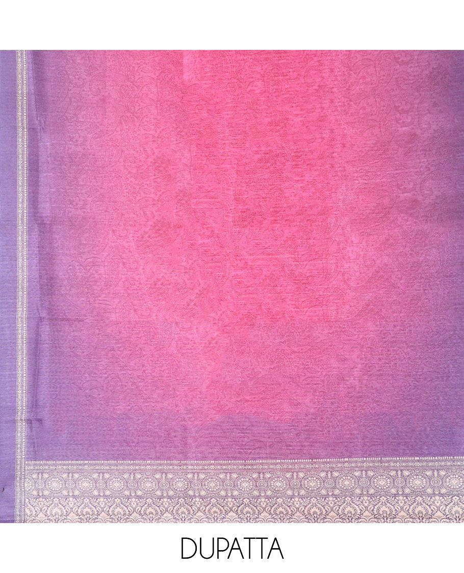 Purple with pink Chanderi double shaded carry design with daman printed neck handwork chudidhar material set with contrast santoon material pant & double shaded carry negetive printe dupatta