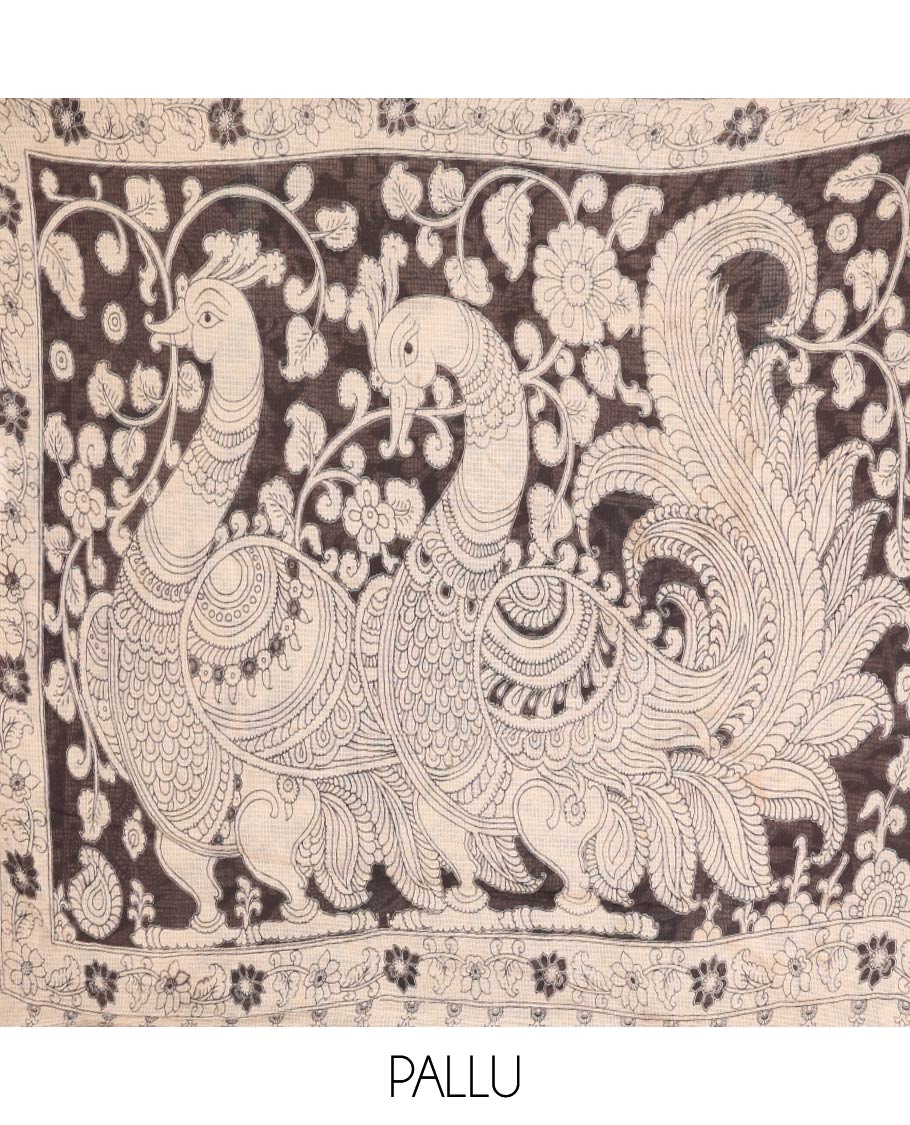 Black Machine-Printed Kalamkari Cotton Saree Features Floral Vine and Pichwai Cow, a Piping Border, Kalamkari Peacock Pallu, and a Matching Blouse