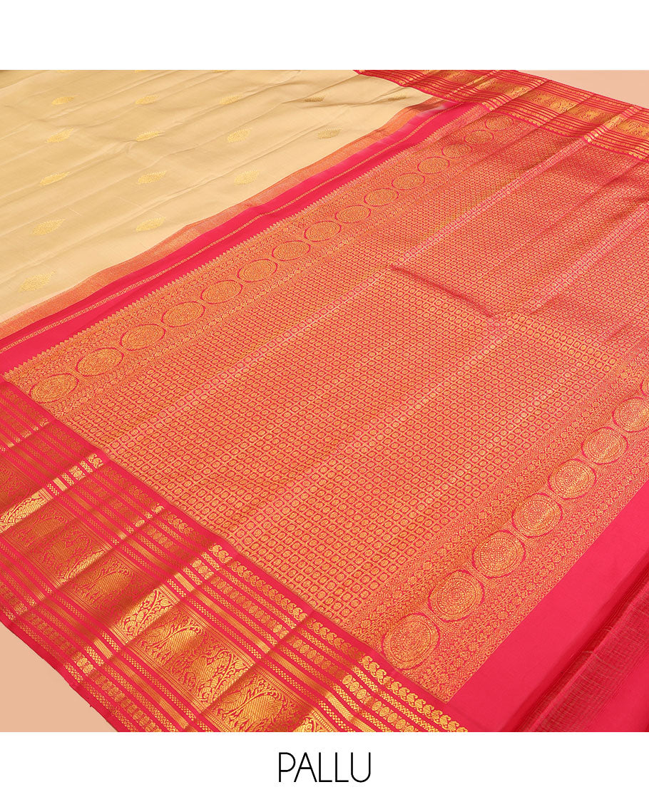 Sandal Kanchipuram Silk Saree, Subtly Woven with Zari Buttas, a Contrast Korvai Border of Manga Mokku, Neli, Poun, Yaali, Yaanai, and Mayil Designs, Intricate Pallu, and a Contrast Blouse