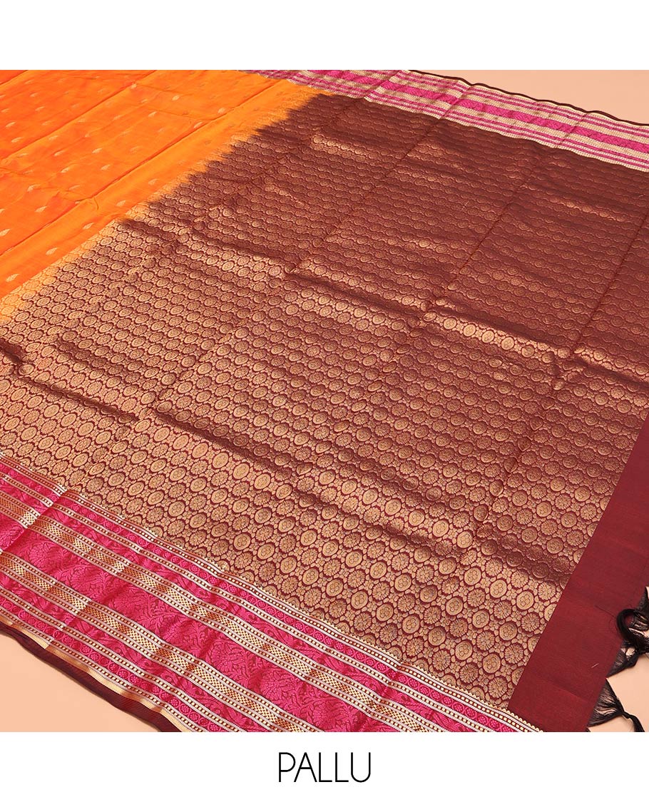 Orange Zari Buttas Vasundhara Lite Silk Mix Saree, Contrast Temple Traditional Border, Chakra Pallu, a Contrast Blouse