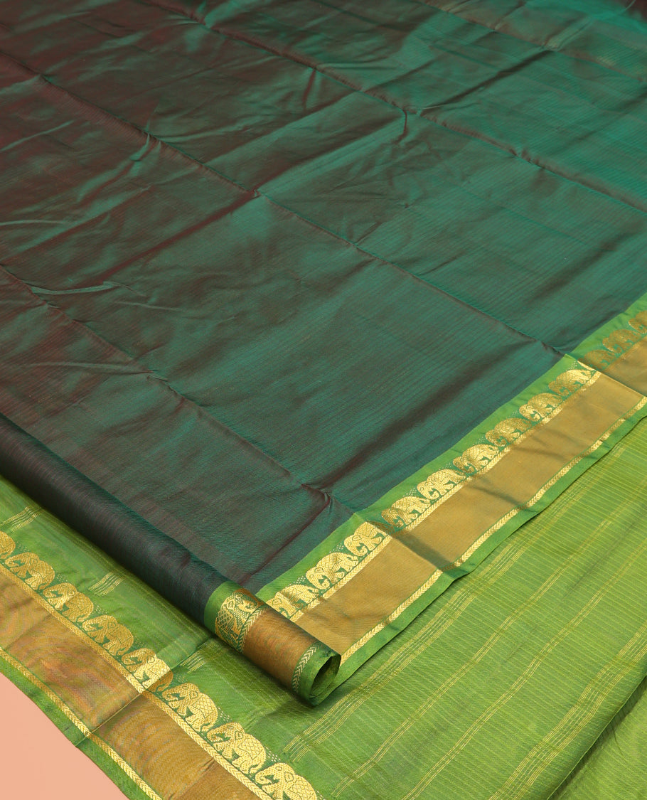 Green Striped Nine-Yard Silk Saree, Complemented by a Contrast Rettai Pettu Border of Yaanai and Kathir Design, Striped Pallu, and No Blouse